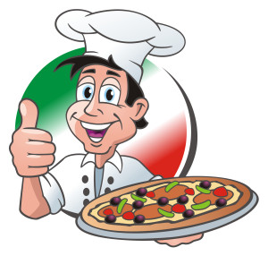 Karikatur: Pizzabäcker mit Pizza